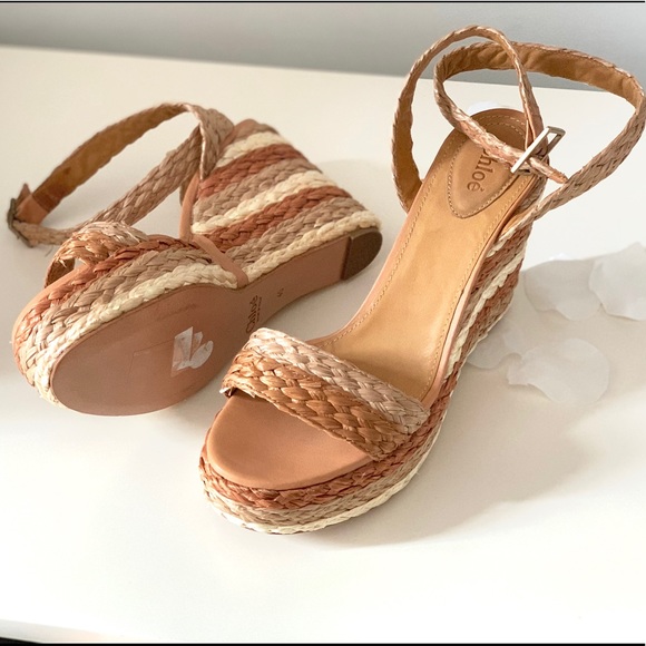 Chloe Shoes - Chloe Raffia Wedge Halter Ankle Strap Tan Sandal